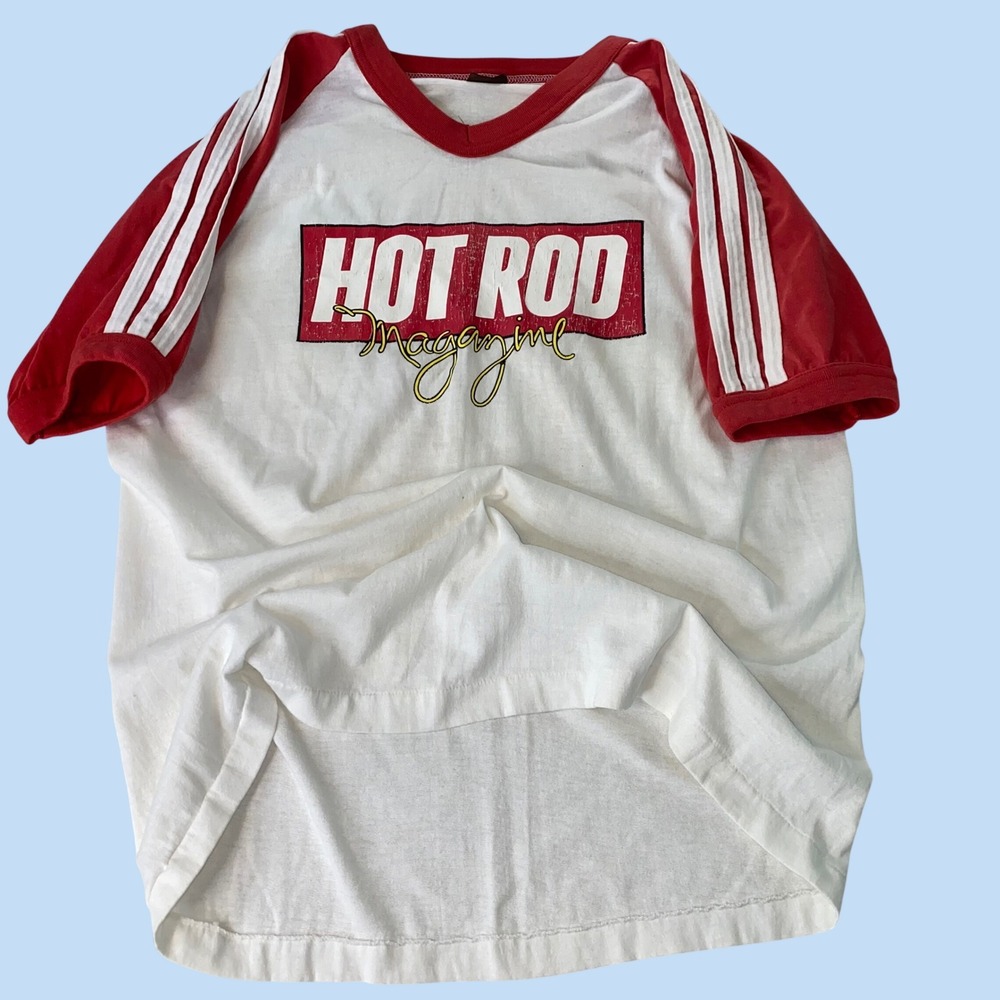 Hot Rod Magazine Thin Shirt True Vintage 80s S-M Red Drag Racing Stripe Distress